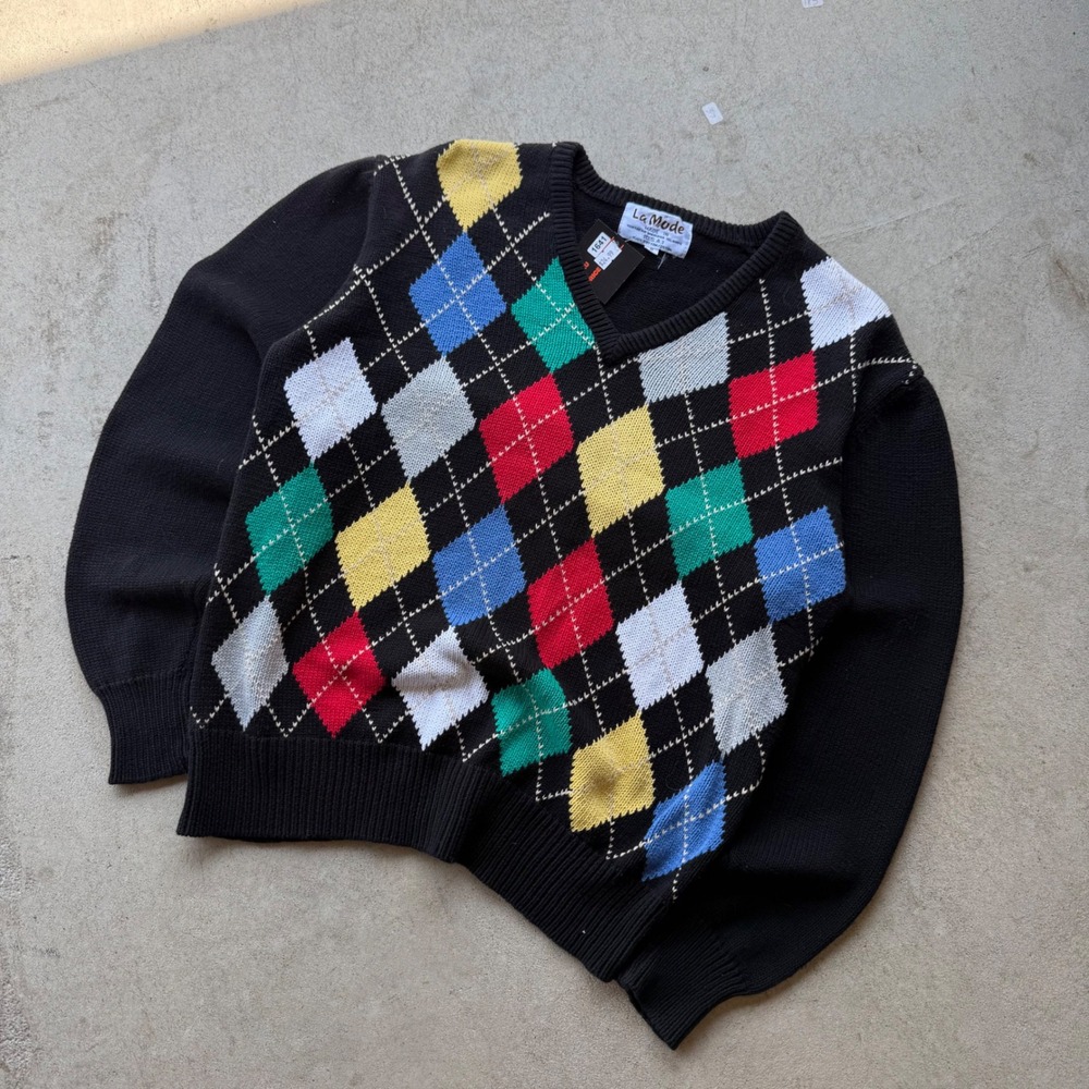 90s Womens La Mode Argyle V-Neck Cotton Knit Preppy Sweater Black Small